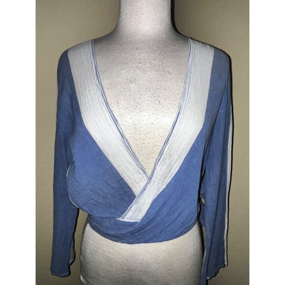 Elan Blue White Striped Wrap Top Long Sleeve Size Large Thin Light Weight Cotton - Picture 6 of 7